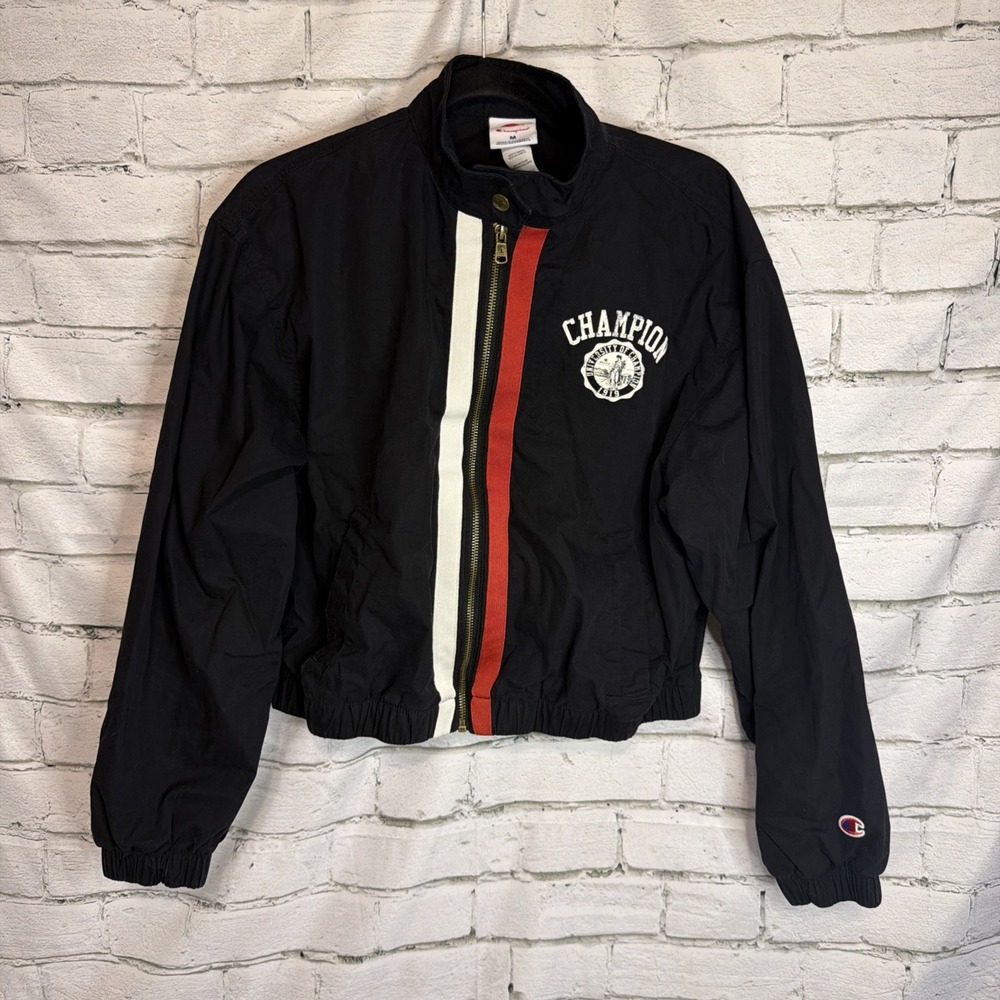Champion Jacket Womens Small Black Cotton Windbreaker Full Zip University Logo
